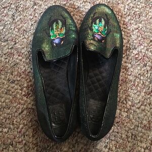 Tory Burch Iridescent Green Quilted Black Slip-On Loafers
